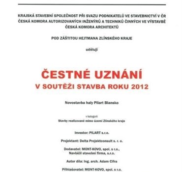 Čestné uznání v soutěži stavba roku 2012